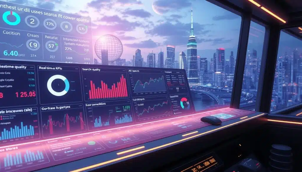 A high-tech control panel displaying various performance metrics and data visualizations, illuminated by a soft, ambient glow. In the foreground, a sleek, futuristic dashboard showcases real-time KPIs related to AI search quality, user engagement, and system efficiency. The middle ground features interactive charts, graphs, and interactive elements that allow for deep analysis and customization. In the background, a panoramic vista of a bustling, AI-powered city skyline sets the scene, hinting at the broader impact of successful AI search implementation. The overall atmosphere is one of precision, innovation, and a sense of progress towards a more technologically advanced future. A high-tech control panel displaying various performance metrics and data visualizations, illuminated by a soft, ambient glow. In the foreground, a sleek, futuristic dashboard showcases real-time KPIs related to AI search quality, user engagement, and system efficiency. The middle ground features interactive charts, graphs, and interactive elements that allow for deep analysis and customization. In the background, a panoramic vista of a bustling, AI-powered city skyline sets the scene, hinting at the broader impact of successful AI search implementation. The overall atmosphere is one of precision, innovation, and a sense of progress towards a more technologically advanced future.