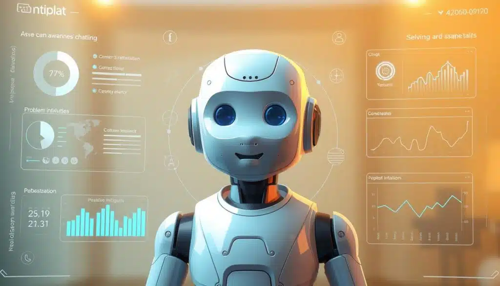 A modern, context-aware chatbot positioned centrally in the frame, surrounded by intuitive UI elements and data visualizations. The chatbot has a friendly, approachable expression and is seamlessly integrated into a clean, minimal interface. Soft, warm lighting illuminates the scene, creating a sense of sophistication and efficiency. The background is slightly blurred, keeping the focus on the chatbot's intelligent and responsive capabilities. The overall composition conveys a sense of effortless conversation, problem-solving, and enhanced customer experience. A modern, context-aware chatbot positioned centrally in the frame, surrounded by intuitive UI elements and data visualizations. The chatbot has a friendly, approachable expression and is seamlessly integrated into a clean, minimal interface. Soft, warm lighting illuminates the scene, creating a sense of sophistication and efficiency. The background is slightly blurred, keeping the focus on the chatbot's intelligent and responsive capabilities. The overall composition conveys a sense of effortless conversation, problem-solving, and enhanced customer experience.