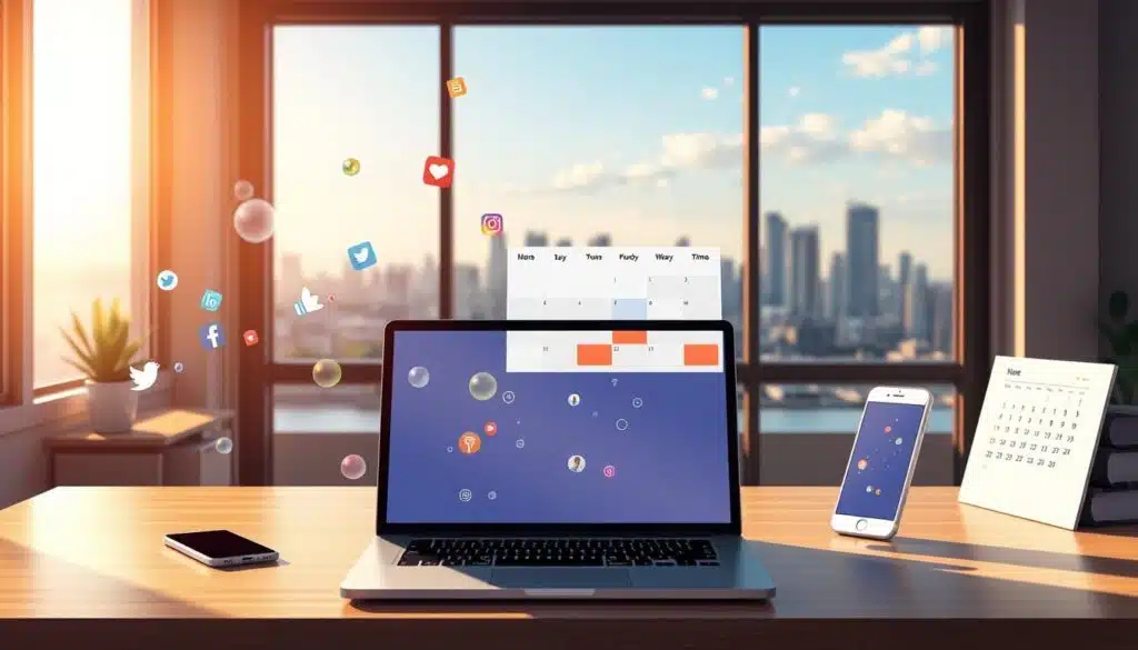 A modern office desk with a laptop, smartphone, and calendar on display. Warm, natural lighting casts a soft glow, hinting at the productivity and efficiency to come. In the foreground, data visualizations and social media icons dance across the screen, suggesting an intelligent, predictive system that knows when and what to post. The middle ground features a stylized calendar interface, its dates and times highlighted to indicate the optimal posting schedule. In the background, a serene cityscape recedes, underscoring the tranquil focus of the scene. This image conveys the power of AI-driven social media management, balancing technology, strategy, and human connection. A modern office desk with a laptop, smartphone, and calendar on display. Warm, natural lighting casts a soft glow, hinting at the productivity and efficiency to come. In the foreground, data visualizations and social media icons dance across the screen, suggesting an intelligent, predictive system that knows when and what to post. The middle ground features a stylized calendar interface, its dates and times highlighted to indicate the optimal posting schedule. In the background, a serene cityscape recedes, underscoring the tranquil focus of the scene. This image conveys the power of AI-driven social media management, balancing technology, strategy, and human connection.