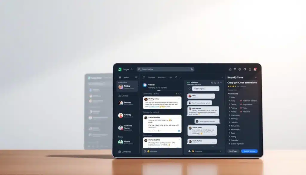 A sleek and modern Shopify inbox interface, rendered in a clean and minimalist style. The foreground features a well-organized dashboard with intuitive controls, displaying real-time customer conversations and key performance metrics. The middle ground showcases a detailed view of a single conversation, with a clutter-free chat window and contextual tools for quick responses. The background is a soft, blurred gradient, creating a serene and focused atmosphere. The lighting is soft and diffused, giving the image a professional and polished feel. The overall composition conveys efficiency, productivity, and a seamless customer experience. A sleek and modern Shopify inbox interface, rendered in a clean and minimalist style. The foreground features a well-organized dashboard with intuitive controls, displaying real-time customer conversations and key performance metrics. The middle ground showcases a detailed view of a single conversation, with a clutter-free chat window and contextual tools for quick responses. The background is a soft, blurred gradient, creating a serene and focused atmosphere. The lighting is soft and diffused, giving the image a professional and polished feel. The overall composition conveys efficiency, productivity, and a seamless customer experience.