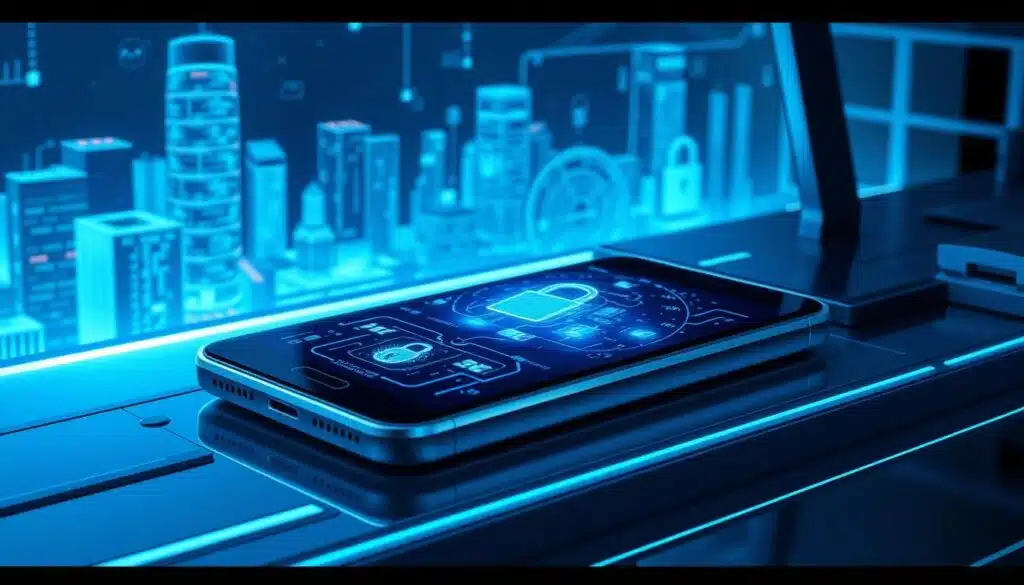 A sleek mobile device on a futuristic desk, its screen displaying a security interface with intricate digital locks and encryption patterns. The device is bathed in cool, blue-tinted lighting, casting an aura of technological sophistication. In the background, a holographic display showcases a cityscape, hinting at the app's urban connectivity and network security. The composition emphasizes the harmonious blend of form and function, conveying the importance of robust mobile app security in the modern, interconnected world. A sleek mobile device on a futuristic desk, its screen displaying a security interface with intricate digital locks and encryption patterns. The device is bathed in cool, blue-tinted lighting, casting an aura of technological sophistication. In the background, a holographic display showcases a cityscape, hinting at the app's urban connectivity and network security. The composition emphasizes the harmonious blend of form and function, conveying the importance of robust mobile app security in the modern, interconnected world.