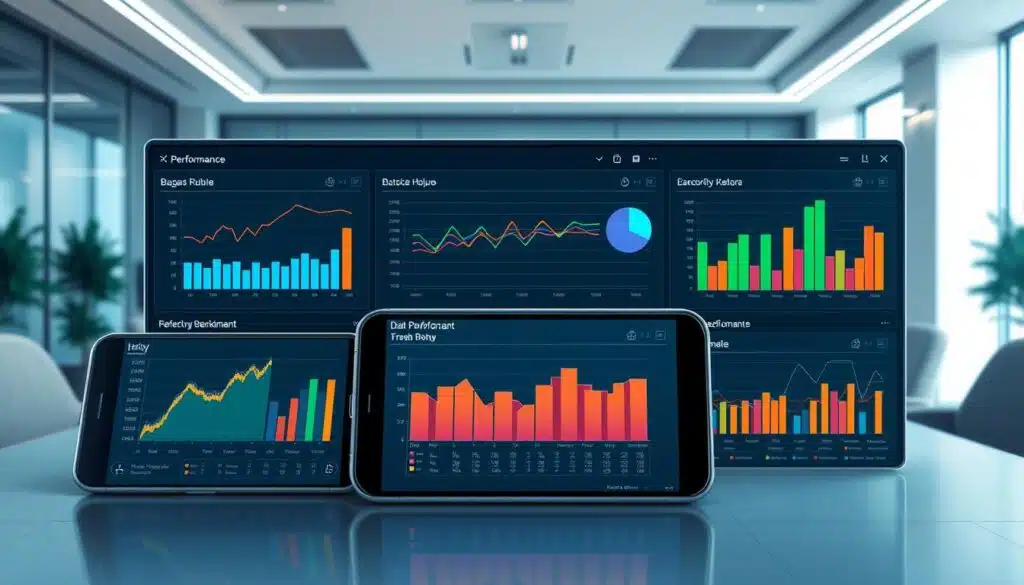 A sleek, modern data visualization dashboard showcasing performance benchmarks for leading mobile app frameworks. The foreground features a series of colorful, interactive charts and graphs, meticulously crafted to convey key insights at a glance. The middle ground depicts a trio of mobile devices, their screens displaying the performance data in a clean, uncluttered layout. The background setting is a minimalist office environment, with tasteful lighting and soft, neutral tones that create a professional, high-tech atmosphere. The overall composition strikes a balance between analytical rigor and visual elegance, inviting the viewer to explore the nuanced performance characteristics of these essential mobile development tools. A sleek, modern data visualization dashboard showcasing performance benchmarks for leading mobile app frameworks. The foreground features a series of colorful, interactive charts and graphs, meticulously crafted to convey key insights at a glance. The middle ground depicts a trio of mobile devices, their screens displaying the performance data in a clean, uncluttered layout. The background setting is a minimalist office environment, with tasteful lighting and soft, neutral tones that create a professional, high-tech atmosphere. The overall composition strikes a balance between analytical rigor and visual elegance, inviting the viewer to explore the nuanced performance characteristics of these essential mobile development tools.