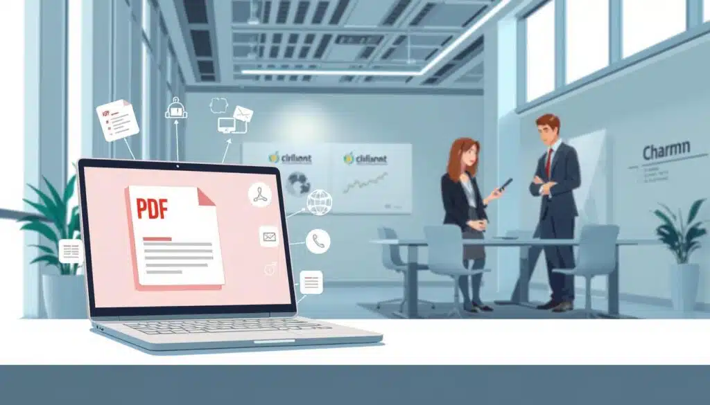 A sleek, modern office environment with a focus on automated PDF delivery. In the foreground, a stylized laptop displays an animated PDF document being sent, with data analytics and automation icons surrounding it. The middle ground features a team of professionals collaborating, their expressions conveying a sense of efficiency and productivity. The background showcases a minimalist workspace, with clean lines, large windows allowing natural light, and subtle branding elements alluding to the "Charm Leads" concept. The overall mood is one of streamlined, technology-driven professionalism, reflecting the "Delivery and Automation" theme. A sleek, modern office environment with a focus on automated PDF delivery. In the foreground, a stylized laptop displays an animated PDF document being sent, with data analytics and automation icons surrounding it. The middle ground features a team of professionals collaborating, their expressions conveying a sense of efficiency and productivity. The background showcases a minimalist workspace, with clean lines, large windows allowing natural light, and subtle branding elements alluding to the "Charm Leads" concept. The overall mood is one of streamlined, technology-driven professionalism, reflecting the "Delivery and Automation" theme.
