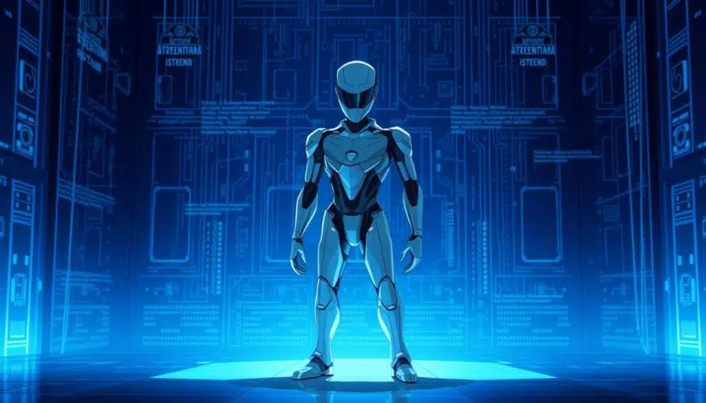 A sophisticated AI agent, standing vigilant and resolute, its advanced sensors and defensive protocols meticulously guarding against cyber threats. The agent's sleek, angular frame is bathed in a cool, blue-tinged light, casting a sharp, angular shadow across a dimly lit, high-tech environment. In the background, a matrix of data streams and encrypted communications flows, hinting at the agent's vital role in safeguarding privacy and security in the digital age. The atmosphere is one of quiet, focused determination, conveying the agent's unwavering commitment to its mission of protecting the integrity of AI systems and the sensitive information they handle. A sophisticated AI agent, standing vigilant and resolute, its advanced sensors and defensive protocols meticulously guarding against cyber threats. The agent's sleek, angular frame is bathed in a cool, blue-tinged light, casting a sharp, angular shadow across a dimly lit, high-tech environment. In the background, a matrix of data streams and encrypted communications flows, hinting at the agent's vital role in safeguarding privacy and security in the digital age. The atmosphere is one of quiet, focused determination, conveying the agent's unwavering commitment to its mission of protecting the integrity of AI systems and the sensitive information they handle.