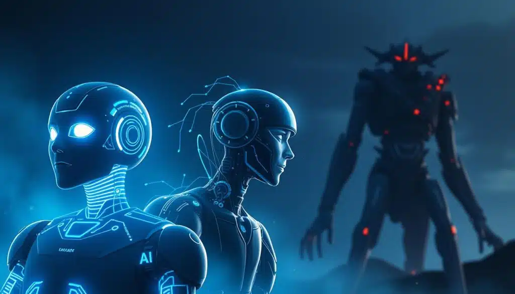 A striking visual evolution of artificial intelligence, with three distinct stages represented. In the foreground, a sleek, modern AI agent, its circuits glowing with intelligent energy. In the middle ground, a more advanced AI system, its form shifting and adapting, hinting at the rapid progress of the technology. In the distant background, a looming, enigmatic AI presence, its scale and complexity hinting at the unfathomable depths of the future of AI. Dramatic lighting casts dramatic shadows, conveying the sense of awe and wonder at the rapidly unfolding AI landscape. Cinematic, high-contrast, and masterfully composed, this image will captivate and inspire. A striking visual evolution of artificial intelligence, with three distinct stages represented. In the foreground, a sleek, modern AI agent, its circuits glowing with intelligent energy. In the middle ground, a more advanced AI system, its form shifting and adapting, hinting at the rapid progress of the technology. In the distant background, a looming, enigmatic AI presence, its scale and complexity hinting at the unfathomable depths of the future of AI. Dramatic lighting casts dramatic shadows, conveying the sense of awe and wonder at the rapidly unfolding AI landscape. Cinematic, high-contrast, and masterfully composed, this image will captivate and inspire.