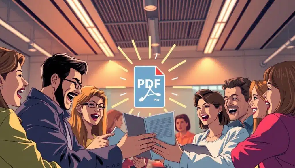 A vibrant, dynamic scene showcasing the transformation of PDF readers into engaged brand ambassadors. In the foreground, a group of people enthusiastically discussing and sharing a PDF document, their faces animated with interest. In the middle ground, a stylized PDF icon radiates an aura of energy, symbolizing the power of lead magnets to captivate and convert. The background features a sleek, modern office setting, with clean lines and a minimalist aesthetic, reflecting the sophisticated and professional nature of the brand. Warm, directional lighting accentuates the sense of momentum and inspiration, while a slightly low camera angle emphasizes the sense of empowerment and growth. The overall mood is one of excitement, collaboration, and the boundless potential of leveraging PDF content to build a loyal customer base. A vibrant, dynamic scene showcasing the transformation of PDF readers into engaged brand ambassadors. In the foreground, a group of people enthusiastically discussing and sharing a PDF document, their faces animated with interest. In the middle ground, a stylized PDF icon radiates an aura of energy, symbolizing the power of lead magnets to captivate and convert. The background features a sleek, modern office setting, with clean lines and a minimalist aesthetic, reflecting the sophisticated and professional nature of the brand. Warm, directional lighting accentuates the sense of momentum and inspiration, while a slightly low camera angle emphasizes the sense of empowerment and growth. The overall mood is one of excitement, collaboration, and the boundless potential of leveraging PDF content to build a loyal customer base.