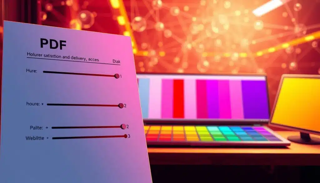 A vibrant, high-contrast illustration of PDF color optimization for web delivery. In the foreground, a PDF document with adjustable hue, saturation, and brightness sliders. In the middle ground, a palette of vivid, web-safe colors. In the background, a network of connected devices representing seamless online access. The scene is bathed in warm, direct lighting, with a sharp, almost photographic focus, conveying a sense of technical precision and digital efficiency. A vibrant, high-contrast illustration of PDF color optimization for web delivery. In the foreground, a PDF document with adjustable hue, saturation, and brightness sliders. In the middle ground, a palette of vivid, web-safe colors. In the background, a network of connected devices representing seamless online access. The scene is bathed in warm, direct lighting, with a sharp, almost photographic focus, conveying a sense of technical precision and digital efficiency.