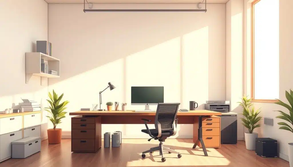 A well-organized, clutter-free workspace with a modern, minimalist design. A large, uncluttered desk in a bright, airy room flooded with warm, natural light from a large window. The desk is positioned to maximize focus, with a comfortable ergonomic chair and a clean, organized desktop. In the background, simple shelves hold only essential items. The overall atmosphere is calm, serene, and conducive to deep concentration and productive work. A well-organized, clutter-free workspace with a modern, minimalist design. A large, uncluttered desk in a bright, airy room flooded with warm, natural light from a large window. The desk is positioned to maximize focus, with a comfortable ergonomic chair and a clean, organized desktop. In the background, simple shelves hold only essential items. The overall atmosphere is calm, serene, and conducive to deep concentration and productive work.
