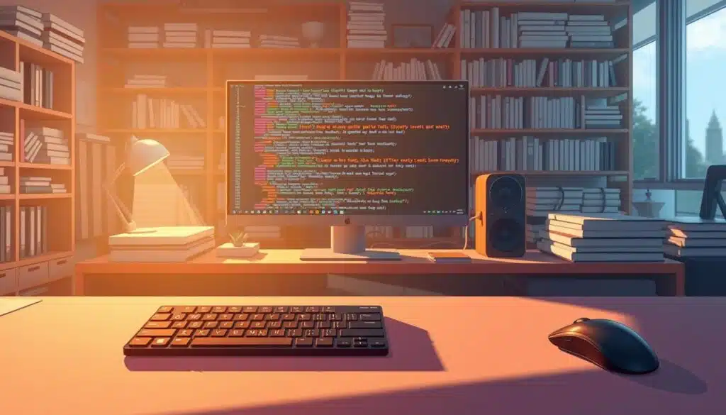 A workspace filled with the tools of the prompt engineering trade. In the foreground, a keyboard and mouse sit atop a sleek, minimalist desk, casting long shadows in the warm, directional lighting. In the middle ground, a large monitor displays a complex, color-coded prompt, its layers and parameters meticulously crafted. In the background, shelves of reference books and coding manuals line the walls, hinting at the deep well of knowledge required to master the art of prompt engineering. The atmosphere is one of focused intensity, where the intersection of language, technology, and creativity unlocks the true potential of large language models. A workspace filled with the tools of the prompt engineering trade. In the foreground, a keyboard and mouse sit atop a sleek, minimalist desk, casting long shadows in the warm, directional lighting. In the middle ground, a large monitor displays a complex, color-coded prompt, its layers and parameters meticulously crafted. In the background, shelves of reference books and coding manuals line the walls, hinting at the deep well of knowledge required to master the art of prompt engineering. The atmosphere is one of focused intensity, where the intersection of language, technology, and creativity unlocks the true potential of large language models.