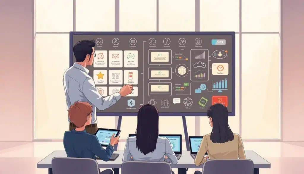 Detailed digital illustration of a thoughtful, organized implementation of an eLearning system. Prominent in the foreground, a professional instructor carefully planning out the course structure on a large touchscreen display, surrounded by icons and diagrams representing various eLearning tools and platforms. In the middle ground, a group of learners engaged with tablets and laptops, immersed in interactive course content. The background features a modern, minimalist office setting with large windows, allowing natural light to create a warm, focused atmosphere. The overall scene conveys a sense of efficiency, collaboration, and a deliberate, streamlined approach to eLearning implementation. Detailed digital illustration of a thoughtful, organized implementation of an eLearning system. Prominent in the foreground, a professional instructor carefully planning out the course structure on a large touchscreen display, surrounded by icons and diagrams representing various eLearning tools and platforms. In the middle ground, a group of learners engaged with tablets and laptops, immersed in interactive course content. The background features a modern, minimalist office setting with large windows, allowing natural light to create a warm, focused atmosphere. The overall scene conveys a sense of efficiency, collaboration, and a deliberate, streamlined approach to eLearning implementation.