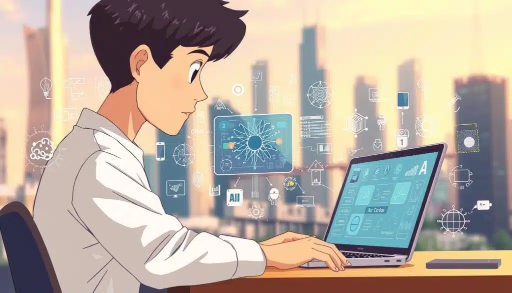 a digital art illustration of a person learning the fundamentals of artificial intelligence. in the foreground, a curious individual is seated at a desk, intently studying a laptop screen displaying a neural network diagram and other AI-related visualizations. the middle ground features various AI-themed icons, such as circuit boards, data visualizations, and robotic elements, creating an immersive and technology-driven environment. the background depicts a blurred cityscape with skyscrapers, suggesting a modern, forward-thinking setting. the lighting is soft and warm, creating a welcoming atmosphere for the educational subject matter. the composition conveys a sense of wonder, discovery, and the pursuit of knowledge in the field of artificial intelligence. a digital art illustration of a person learning the fundamentals of artificial intelligence. in the foreground, a curious individual is seated at a desk, intently studying a laptop screen displaying a neural network diagram and other AI-related visualizations. the middle ground features various AI-themed icons, such as circuit boards, data visualizations, and robotic elements, creating an immersive and technology-driven environment. the background depicts a blurred cityscape with skyscrapers, suggesting a modern, forward-thinking setting. the lighting is soft and warm, creating a welcoming atmosphere for the educational subject matter. the composition conveys a sense of wonder, discovery, and the pursuit of knowledge in the field of artificial intelligence.