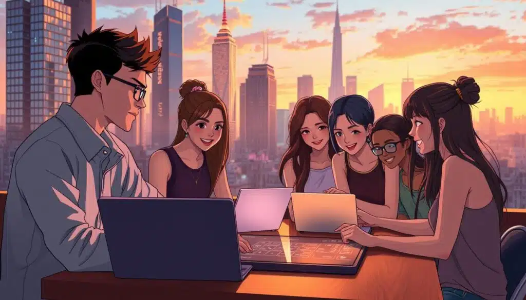 A bustling city skyline, bathed in warm, golden light, serves as the backdrop. In the foreground, a diverse group of individuals - a young entrepreneur, a digital artist, a coding enthusiast - gathered around a table, their faces alight with excitement as they collaborate on a digital project. Seamless integration of cutting-edge technology, including sleek laptops and a touchscreen display, enables their creative exploration. The scene conveys a sense of empowerment, where the barriers to creativity have been broken down, allowing everyone to unlock their full potential. The overall atmosphere radiates a spirit of innovation, collaboration, and the democratization of creative expression. A bustling city skyline, bathed in warm, golden light, serves as the backdrop. In the foreground, a diverse group of individuals - a young entrepreneur, a digital artist, a coding enthusiast - gathered around a table, their faces alight with excitement as they collaborate on a digital project. Seamless integration of cutting-edge technology, including sleek laptops and a touchscreen display, enables their creative exploration. The scene conveys a sense of empowerment, where the barriers to creativity have been broken down, allowing everyone to unlock their full potential. The overall atmosphere radiates a spirit of innovation, collaboration, and the democratization of creative expression.