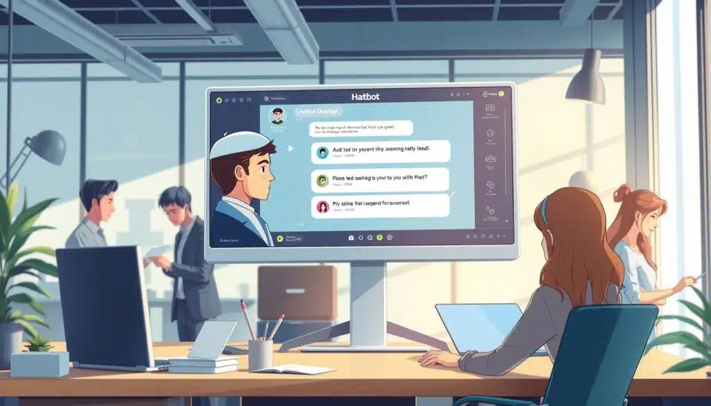 A bustling office scene with a sleek, modern chatbot interface prominently displayed on a large computer screen. The chatbot avatar, designed with a friendly and approachable appearance, engages with potential leads, guiding them through a seamless lead generation process. The background features a team of focused professionals collaborating, creating an atmosphere of productivity and innovation. Soft, natural lighting illuminates the space, and the composition is balanced, drawing the viewer's attention to the central chatbot interface. The overall mood conveys the power of chatbots to streamline lead generation and drive business growth. A bustling office scene with a sleek, modern chatbot interface prominently displayed on a large computer screen. The chatbot avatar, designed with a friendly and approachable appearance, engages with potential leads, guiding them through a seamless lead generation process. The background features a team of focused professionals collaborating, creating an atmosphere of productivity and innovation. Soft, natural lighting illuminates the space, and the composition is balanced, drawing the viewer's attention to the central chatbot interface. The overall mood conveys the power of chatbots to streamline lead generation and drive business growth.