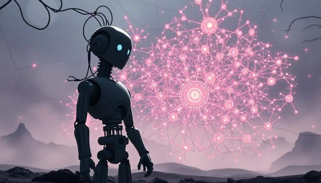 A complex and abstract scene depicting the issue of bias in chatbots. In the foreground, a humanoid chatbot figure made of metal and wires stands with a thoughtful expression, representing the inherent biases and limitations of AI systems. In the middle ground, a vast, glowing neural network sprawls, its interconnected nodes and pathways symbolizing the complex algorithms underlying chatbot decision-making. The background is a hazy, dreamlike landscape, evoking the uncertainty and ethical challenges surrounding the deployment of these technologies. Dramatic lighting casts long shadows, creating an atmosphere of contemplation and unease. The overall composition conveys the need to carefully navigate the ethical maze of chatbot design and deployment. A complex and abstract scene depicting the issue of bias in chatbots. In the foreground, a humanoid chatbot figure made of metal and wires stands with a thoughtful expression, representing the inherent biases and limitations of AI systems. In the middle ground, a vast, glowing neural network sprawls, its interconnected nodes and pathways symbolizing the complex algorithms underlying chatbot decision-making. The background is a hazy, dreamlike landscape, evoking the uncertainty and ethical challenges surrounding the deployment of these technologies. Dramatic lighting casts long shadows, creating an atmosphere of contemplation and unease. The overall composition conveys the need to carefully navigate the ethical maze of chatbot design and deployment.