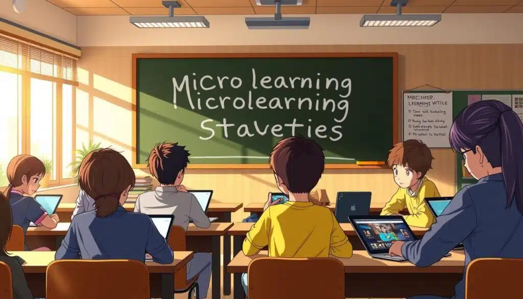 A cozy and well-lit classroom setting, with a chalkboard in the background displaying "Microlearning Strategies". In the foreground, a group of students engaged in various self-paced learning activities, such as reading from tablets, watching educational videos, and collaborating on project-based tasks. The lighting is warm and natural, with a soft, inviting atmosphere that encourages focused and enjoyable learning. The overall composition emphasizes the benefits of self-paced learning, with an emphasis on the engaging and effective strategies that support learners' individual needs and preferences. A cozy and well-lit classroom setting, with a chalkboard in the background displaying "Microlearning Strategies". In the foreground, a group of students engaged in various self-paced learning activities, such as reading from tablets, watching educational videos, and collaborating on project-based tasks. The lighting is warm and natural, with a soft, inviting atmosphere that encourages focused and enjoyable learning. The overall composition emphasizes the benefits of self-paced learning, with an emphasis on the engaging and effective strategies that support learners' individual needs and preferences.