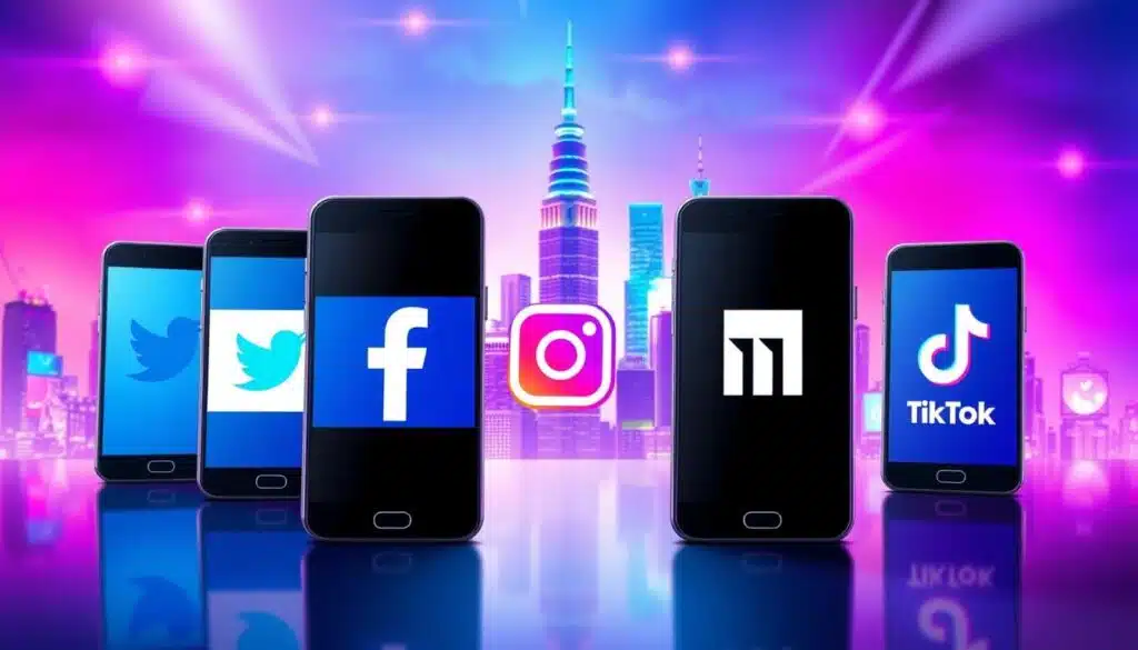 A dynamic digital landscape featuring the most prominent social media platforms. In the foreground, an arrangement of sleek smartphone screens displays the distinct logos and interfaces of Twitter, Facebook, Instagram, LinkedIn, and TikTok. The middle ground showcases a vibrant, futuristic city skyline, with skyscrapers and digital billboards pulsing with activity. The background is filled with a vibrant, saturated gradient, creating a sense of depth and energy. Soft, directional lighting casts subtle shadows, emphasizing the depth and form of the elements. The overall composition conveys the strategic importance of understanding and leveraging these influential social media channels to achieve your marketing objectives. A dynamic digital landscape featuring the most prominent social media platforms. In the foreground, an arrangement of sleek smartphone screens displays the distinct logos and interfaces of Twitter, Facebook, Instagram, LinkedIn, and TikTok. The middle ground showcases a vibrant, futuristic city skyline, with skyscrapers and digital billboards pulsing with activity. The background is filled with a vibrant, saturated gradient, creating a sense of depth and energy. Soft, directional lighting casts subtle shadows, emphasizing the depth and form of the elements. The overall composition conveys the strategic importance of understanding and leveraging these influential social media channels to achieve your marketing objectives.