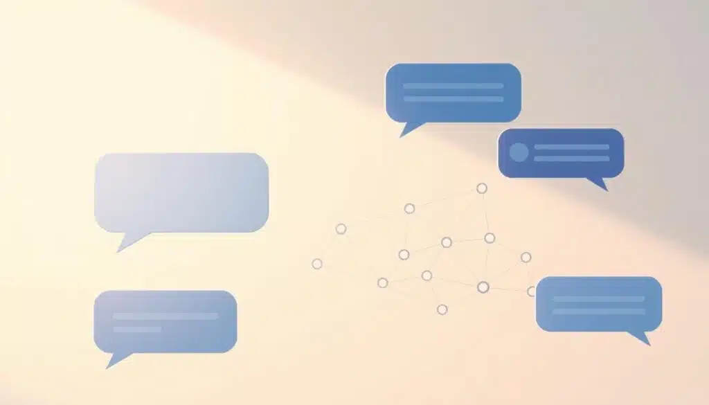 A flowing conversation interface with natural dialogue exchange. In the foreground, a series of chat bubbles showcasing a polished, modern UI design with smooth transitions. In the middle ground, a network of interconnected pathways representing the underlying conversational logic, with branching nodes and intuitive flow. The background features a soft, abstract gradient evoking the seamless integration of user input and AI-driven responses. Lighting is soft and diffused, creating a sense of approachability and ease of use. The overall composition conveys a harmonious, user-centric conversational experience. A flowing conversation interface with natural dialogue exchange. In the foreground, a series of chat bubbles showcasing a polished, modern UI design with smooth transitions. In the middle ground, a network of interconnected pathways representing the underlying conversational logic, with branching nodes and intuitive flow. The background features a soft, abstract gradient evoking the seamless integration of user input and AI-driven responses. Lighting is soft and diffused, creating a sense of approachability and ease of use. The overall composition conveys a harmonious, user-centric conversational experience.
