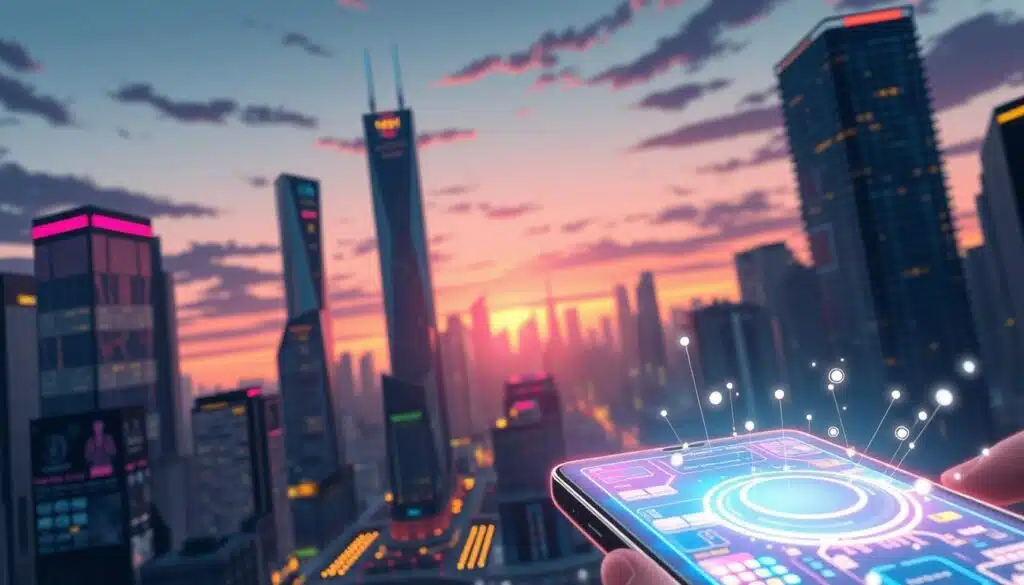 A futuristic cityscape at dusk, with towering skyscrapers and a vibrant, neon-lit mobile device in the foreground. The device's screen displays a dynamic, holographic interface, showcasing the seamless integration of mobile technology and decentralized web services. In the background, a network of interconnected devices and platforms represents the convergence of Web3 ecosystems, creating a sense of boundless potential for mobile monetization. The scene is bathed in a warm, saturated color palette, evoking a sense of innovation and progress. The composition emphasizes the centrality of the mobile device, highlighting its role as a gateway to the future of digital commerce and finance. A futuristic cityscape at dusk, with towering skyscrapers and a vibrant, neon-lit mobile device in the foreground. The device's screen displays a dynamic, holographic interface, showcasing the seamless integration of mobile technology and decentralized web services. In the background, a network of interconnected devices and platforms represents the convergence of Web3 ecosystems, creating a sense of boundless potential for mobile monetization. The scene is bathed in a warm, saturated color palette, evoking a sense of innovation and progress. The composition emphasizes the centrality of the mobile device, highlighting its role as a gateway to the future of digital commerce and finance.