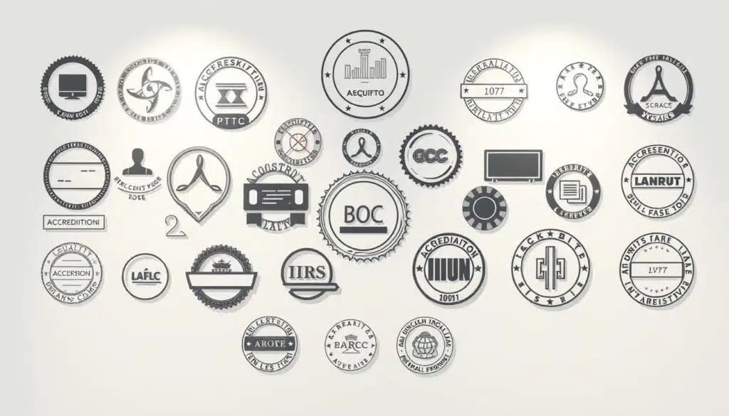 A high-quality, well-lit studio scene featuring an assortment of accreditation seals, stamps, and insignia against a clean, minimal background. The accreditation signals are arranged in a harmonious, aesthetically-pleasing composition, with varying shapes, sizes, and textures to create visual interest. The lighting is soft and even, accentuating the details and lending an air of authority and credibility. The overall mood is one of professionalism, quality, and trust - qualities that would appeal to learners seeking affordable, but reputable self-paced courses. A high-quality, well-lit studio scene featuring an assortment of accreditation seals, stamps, and insignia against a clean, minimal background. The accreditation signals are arranged in a harmonious, aesthetically-pleasing composition, with varying shapes, sizes, and textures to create visual interest. The lighting is soft and even, accentuating the details and lending an air of authority and credibility. The overall mood is one of professionalism, quality, and trust - qualities that would appeal to learners seeking affordable, but reputable self-paced courses.