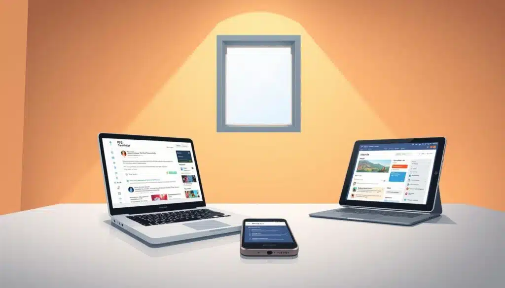 A minimalist office workspace with a sleek, modern design. In the foreground, a laptop screen displays an RSS feed reader interface, its icons and UI elements clean and intuitive. On the desk, a smartphone sits next to the laptop, its screen showing social media app notifications. The middle ground features a tablet, its display showcasing a content curation and scheduling dashboard. The background is a warm, neutral-toned wall, with a single window providing natural lighting that casts a soft, directional glow across the scene. The overall atmosphere conveys efficiency, organization, and the seamless integration of digital tools to automate and optimize social media management. A minimalist office workspace with a sleek, modern design. In the foreground, a laptop screen displays an RSS feed reader interface, its icons and UI elements clean and intuitive. On the desk, a smartphone sits next to the laptop, its screen showing social media app notifications. The middle ground features a tablet, its display showcasing a content curation and scheduling dashboard. The background is a warm, neutral-toned wall, with a single window providing natural lighting that casts a soft, directional glow across the scene. The overall atmosphere conveys efficiency, organization, and the seamless integration of digital tools to automate and optimize social media management.