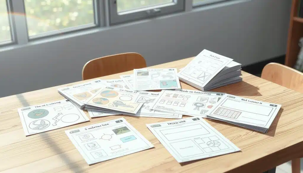A neatly organized collection of hands-on learning worksheets lies on a simple, minimalist wooden table, illuminated by soft, natural lighting filtering through a large window. The worksheets feature a variety of engaging tactile elements like raised textures, cut-outs, and interactive components, designed to captivate and stimulate young students. The composition emphasizes the worksheets' inviting, approachable nature, conveying a sense of tactile exploration and hands-on discovery. The overall mood is one of quiet, contemplative learning, where the worksheets themselves are the stars, inspiring curiosity and a desire to engage. A neatly organized collection of hands-on learning worksheets lies on a simple, minimalist wooden table, illuminated by soft, natural lighting filtering through a large window. The worksheets feature a variety of engaging tactile elements like raised textures, cut-outs, and interactive components, designed to captivate and stimulate young students. The composition emphasizes the worksheets' inviting, approachable nature, conveying a sense of tactile exploration and hands-on discovery. The overall mood is one of quiet, contemplative learning, where the worksheets themselves are the stars, inspiring curiosity and a desire to engage.