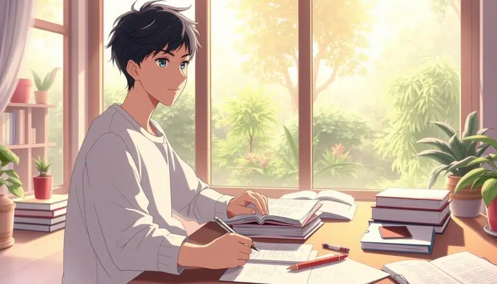 A serene study space with a focused student in the foreground, surrounded by soothing natural elements. Soft, diffused lighting filters through large windows, creating a calming, reflective atmosphere. The student's expression is one of calm concentration, their body language relaxed and engaged. In the middle ground, scattered textbooks and stationery suggest a productive study session, while the background depicts a lush, verdant garden or tranquil outdoor scene, conveying a sense of relaxation and mental clarity. A serene study space with a focused student in the foreground, surrounded by soothing natural elements. Soft, diffused lighting filters through large windows, creating a calming, reflective atmosphere. The student's expression is one of calm concentration, their body language relaxed and engaged. In the middle ground, scattered textbooks and stationery suggest a productive study session, while the background depicts a lush, verdant garden or tranquil outdoor scene, conveying a sense of relaxation and mental clarity.