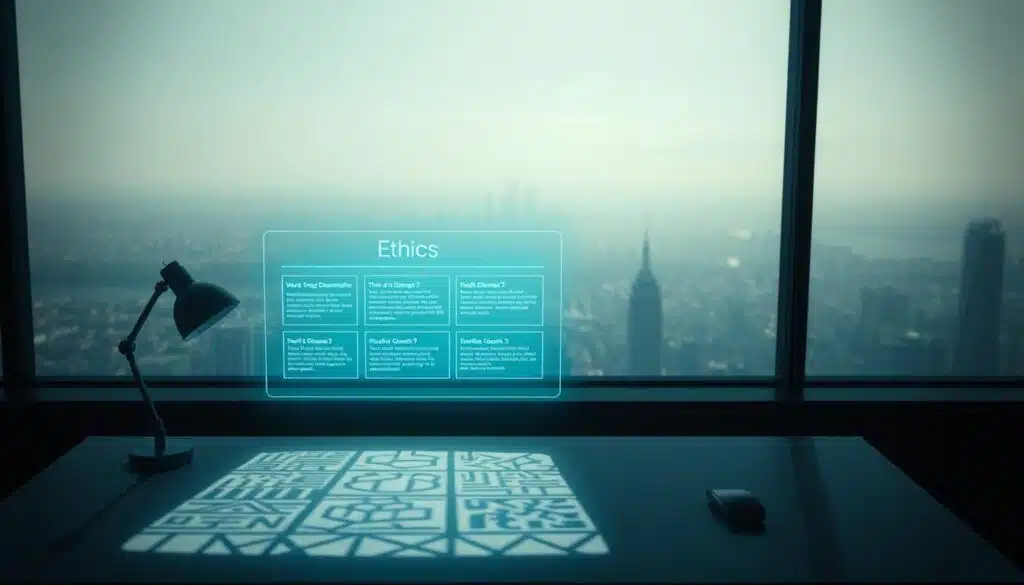 A serene, thought-provoking scene depicting the ethics of AI content creation. In the foreground, a glowing holographic display showcases a series of moral dilemmas, casting intricate shadows across a minimalist desk. Behind it, a vast, hazy cityscape stretches out, hinting at the broader societal impact of AI-generated content. Soft, indirect lighting creates an atmosphere of contemplation, while the camera angle suggests a bird's-eye view, inviting the viewer to consider the wider implications. The overall mood is one of pensive exploration, prompting the observer to ponder the challenges and responsibilities inherent in unleashing the power of AI-driven creativity. A serene, thought-provoking scene depicting the ethics of AI content creation. In the foreground, a glowing holographic display showcases a series of moral dilemmas, casting intricate shadows across a minimalist desk. Behind it, a vast, hazy cityscape stretches out, hinting at the broader societal impact of AI-generated content. Soft, indirect lighting creates an atmosphere of contemplation, while the camera angle suggests a bird's-eye view, inviting the viewer to consider the wider implications. The overall mood is one of pensive exploration, prompting the observer to ponder the challenges and responsibilities inherent in unleashing the power of AI-driven creativity.