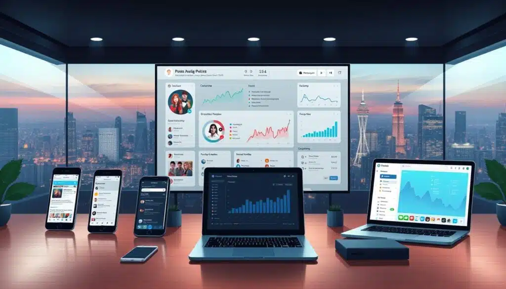 A sleek, modern interface with a unified dashboard displaying a collage of social media feeds, notifications, and analytics. The foreground features an array of mobile devices and laptops seamlessly syncing data, while the middle ground showcases a clean, minimalist design with intuitive navigation. In the background, a vibrant city skyline sets the tone, conveying a sense of connectivity and productivity. Soft, directional lighting creates depth and highlights the unified, cross-platform experience. The overall atmosphere exudes efficiency, organization, and a seamless integration of social media insights. A sleek, modern interface with a unified dashboard displaying a collage of social media feeds, notifications, and analytics. The foreground features an array of mobile devices and laptops seamlessly syncing data, while the middle ground showcases a clean, minimalist design with intuitive navigation. In the background, a vibrant city skyline sets the tone, conveying a sense of connectivity and productivity. Soft, directional lighting creates depth and highlights the unified, cross-platform experience. The overall atmosphere exudes efficiency, organization, and a seamless integration of social media insights.