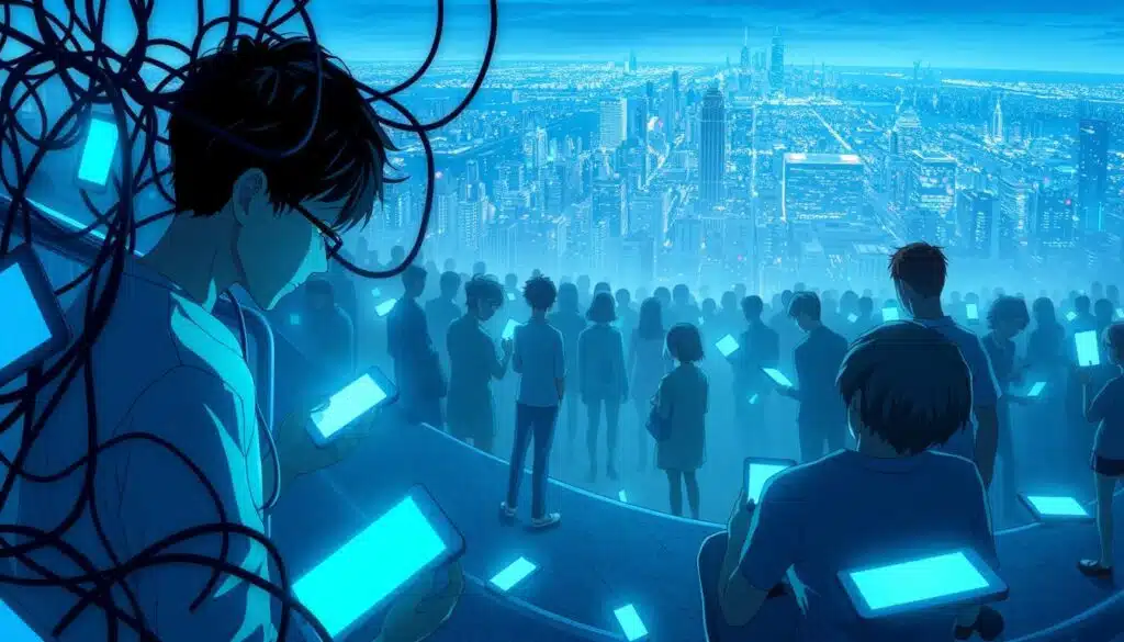 A social media landscape with individuals trapped in a maze of digital distractions, surrounded by glowing screens and tangled cords. In the foreground, a person is hunched over, lost in their device, oblivious to the physical world around them. In the middle ground, groups of people stare blankly at their phones, disconnected from each other. In the background, a sprawling cityscape fades into the distance, suggesting the overwhelming scale of the digital realm. The scene is bathed in a cool, blue-tinted lighting, creating a sense of isolation and detachment. The overall mood is one of digital fatigue and the pitfalls of excessive social media use. A social media landscape with individuals trapped in a maze of digital distractions, surrounded by glowing screens and tangled cords. In the foreground, a person is hunched over, lost in their device, oblivious to the physical world around them. In the middle ground, groups of people stare blankly at their phones, disconnected from each other. In the background, a sprawling cityscape fades into the distance, suggesting the overwhelming scale of the digital realm. The scene is bathed in a cool, blue-tinted lighting, creating a sense of isolation and detachment. The overall mood is one of digital fatigue and the pitfalls of excessive social media use.