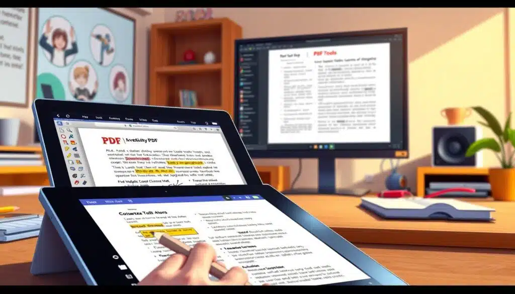 A vibrant and interactive digital workspace showcasing a variety of PDF tools. In the foreground, a tablet displays a PDF document with customizable annotation tools, highlighting, and drawing features. The middle ground features a laptop screen with PDF editing software, allowing users to seamlessly modify text, images, and layout. In the background, a large monitor displays a presentation mode, enabling interactive quizzes, multimedia integration, and collaborative features within the PDF. The scene is illuminated by warm, natural lighting, creating an inviting and productive atmosphere for enhanced learning experiences. A vibrant and interactive digital workspace showcasing a variety of PDF tools. In the foreground, a tablet displays a PDF document with customizable annotation tools, highlighting, and drawing features. The middle ground features a laptop screen with PDF editing software, allowing users to seamlessly modify text, images, and layout. In the background, a large monitor displays a presentation mode, enabling interactive quizzes, multimedia integration, and collaborative features within the PDF. The scene is illuminated by warm, natural lighting, creating an inviting and productive atmosphere for enhanced learning experiences.