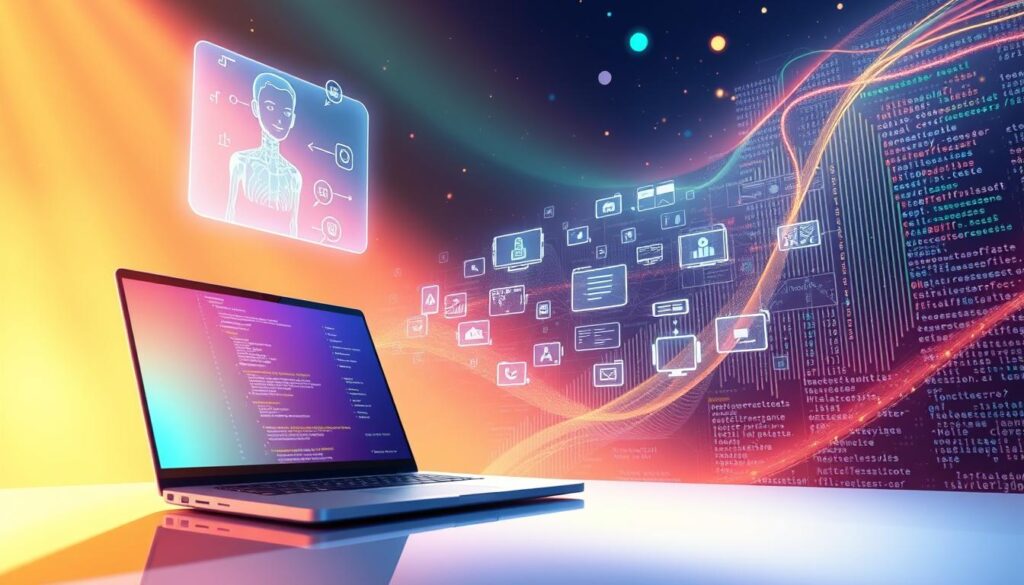 A vibrant, dynamic scene showcasing the fusion of AI and no-code app development. In the foreground, a sleek, futuristic laptop displays a visual programming interface, its screen emanating a soft, ambient glow. Floating above the laptop, a holographic representation of an AI assistant offers suggestions and guidance, its ephemeral form radiating an aura of intelligence and innovation. In the middle ground, various digital building blocks and UI elements hover, waiting to be intuitively assembled into a fully-fledged application. The background is a dreamscape of interconnected data streams, cascading lines of code, and subtle metallic accents, creating an atmosphere of technological mastery and endless possibilities. Warm, diffuse lighting casts a sense of optimism and boundless creativity, as the scene conveys the power of AI-driven no-code development to unlock the full potential of modern app creation. A vibrant, dynamic scene showcasing the fusion of AI and no-code app development. In the foreground, a sleek, futuristic laptop displays a visual programming interface, its screen emanating a soft, ambient glow. Floating above the laptop, a holographic representation of an AI assistant offers suggestions and guidance, its ephemeral form radiating an aura of intelligence and innovation. In the middle ground, various digital building blocks and UI elements hover, waiting to be intuitively assembled into a fully-fledged application. The background is a dreamscape of interconnected data streams, cascading lines of code, and subtle metallic accents, creating an atmosphere of technological mastery and endless possibilities. Warm, diffuse lighting casts a sense of optimism and boundless creativity, as the scene conveys the power of AI-driven no-code development to unlock the full potential of modern app creation.