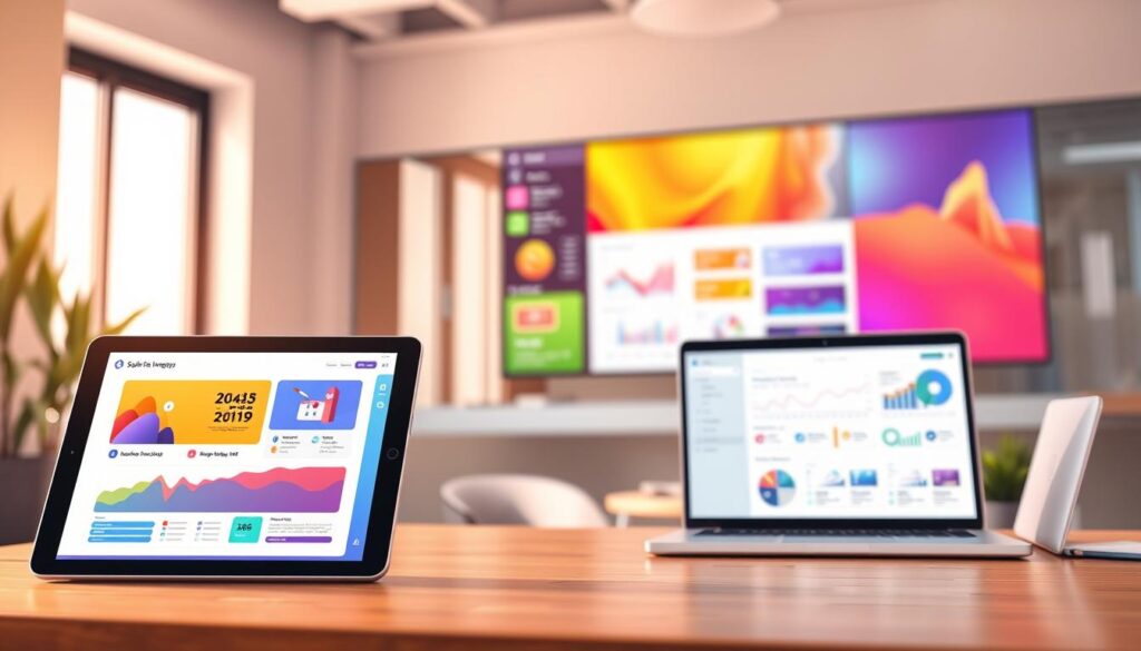 A vibrant, modern office scene showcasing a variety of intuitive, user-friendly marketing apps on various devices. In the foreground, a sleek tablet displays a visually engaging campaign dashboard, while in the middle ground, a laptop screen reveals a no-code app builder interface. The background features a large, high-resolution monitor displaying colorful analytics and insights. Soft, warm lighting illuminates the scene, creating a welcoming and productive atmosphere. The composition emphasizes the seamless integration of technology and the empowerment of non-technical users to create tailored marketing solutions. A vibrant, modern office scene showcasing a variety of intuitive, user-friendly marketing apps on various devices. In the foreground, a sleek tablet displays a visually engaging campaign dashboard, while in the middle ground, a laptop screen reveals a no-code app builder interface. The background features a large, high-resolution monitor displaying colorful analytics and insights. Soft, warm lighting illuminates the scene, creating a welcoming and productive atmosphere. The composition emphasizes the seamless integration of technology and the empowerment of non-technical users to create tailored marketing solutions.