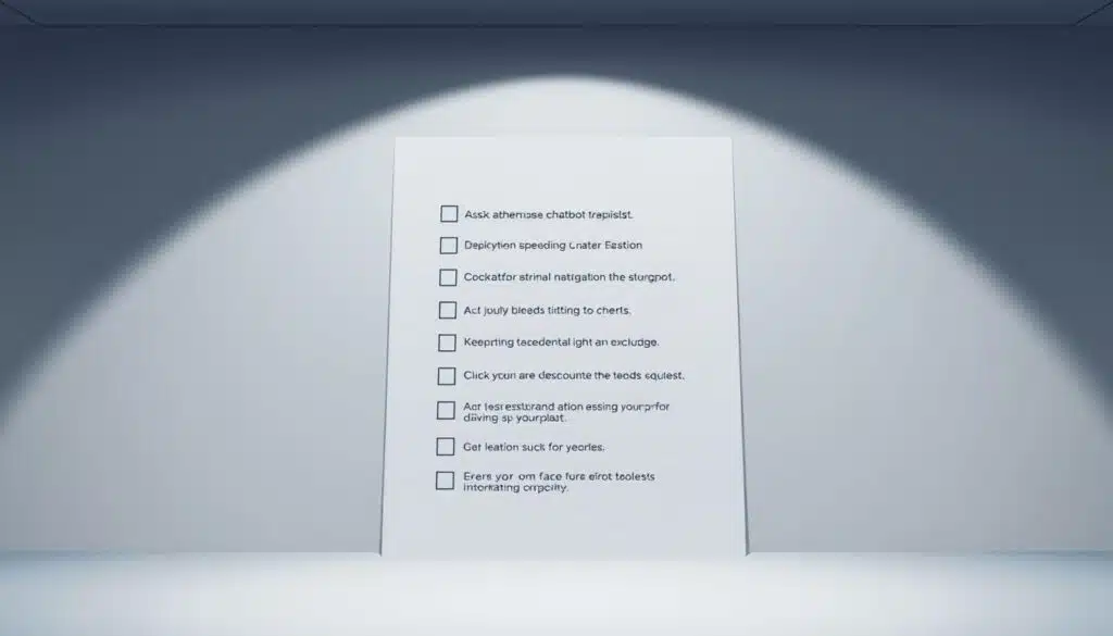 A well-organized checklist against a minimalist backdrop, with clean lines and a neutral color palette. The checklist items are presented in a straightforward, easy-to-scan format, conveying a sense of efficiency and practicality. The overall atmosphere is professional and focused, reflecting the importance of responsible chatbot deployment. The lighting is soft and diffuse, creating a calm and thoughtful mood. The camera angle is slightly elevated, giving the viewer a bird's-eye perspective and a sense of overview and control. The composition is balanced and symmetrical, underscoring the systematic nature of the checklist. A well-organized checklist against a minimalist backdrop, with clean lines and a neutral color palette. The checklist items are presented in a straightforward, easy-to-scan format, conveying a sense of efficiency and practicality. The overall atmosphere is professional and focused, reflecting the importance of responsible chatbot deployment. The lighting is soft and diffuse, creating a calm and thoughtful mood. The camera angle is slightly elevated, giving the viewer a bird's-eye perspective and a sense of overview and control. The composition is balanced and symmetrical, underscoring the systematic nature of the checklist.
