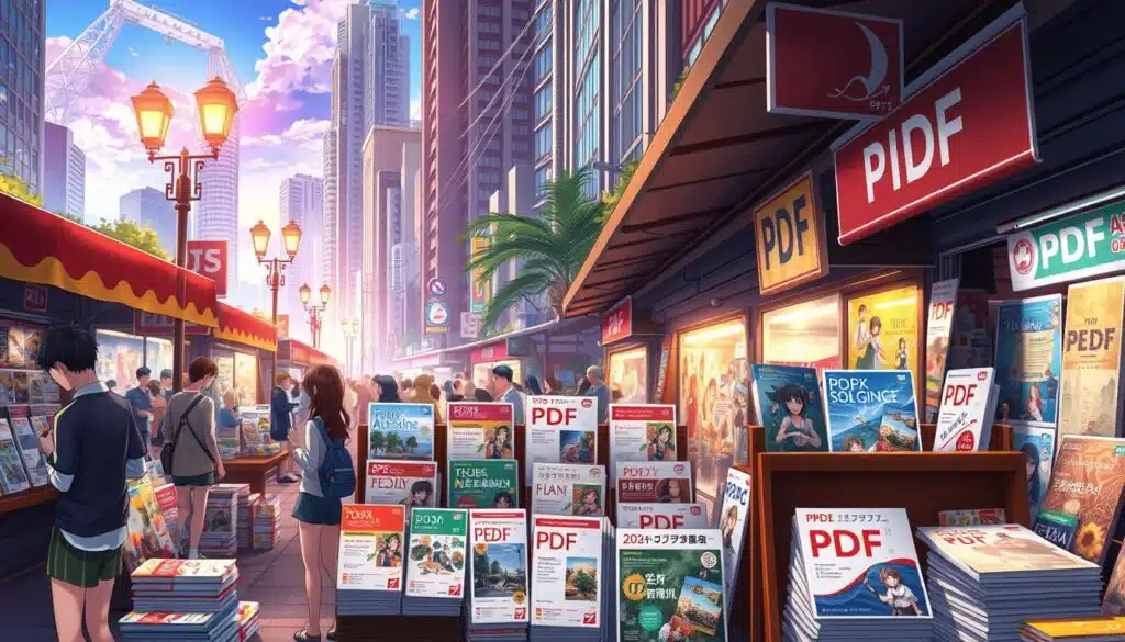 An outdoor market scene with various PDF documents prominently displayed on stalls and stands. In the foreground, vendors are actively promoting and selling their PDFs to passing customers. The middle ground features a diverse array of PDF covers, showcasing different topics and designs. In the background, a bustling urban setting with tall buildings, street lamps, and a vibrant atmosphere creates a sense of energy and commercial activity. The lighting is warm and inviting, drawing attention to the PDF products. The overall composition conveys the idea of a thriving marketplace for digital content, where PDFs are the primary commodities being traded and sold. An outdoor market scene with various PDF documents prominently displayed on stalls and stands. In the foreground, vendors are actively promoting and selling their PDFs to passing customers. The middle ground features a diverse array of PDF covers, showcasing different topics and designs. In the background, a bustling urban setting with tall buildings, street lamps, and a vibrant atmosphere creates a sense of energy and commercial activity. The lighting is warm and inviting, drawing attention to the PDF products. The overall composition conveys the idea of a thriving marketplace for digital content, where PDFs are the primary commodities being traded and sold.