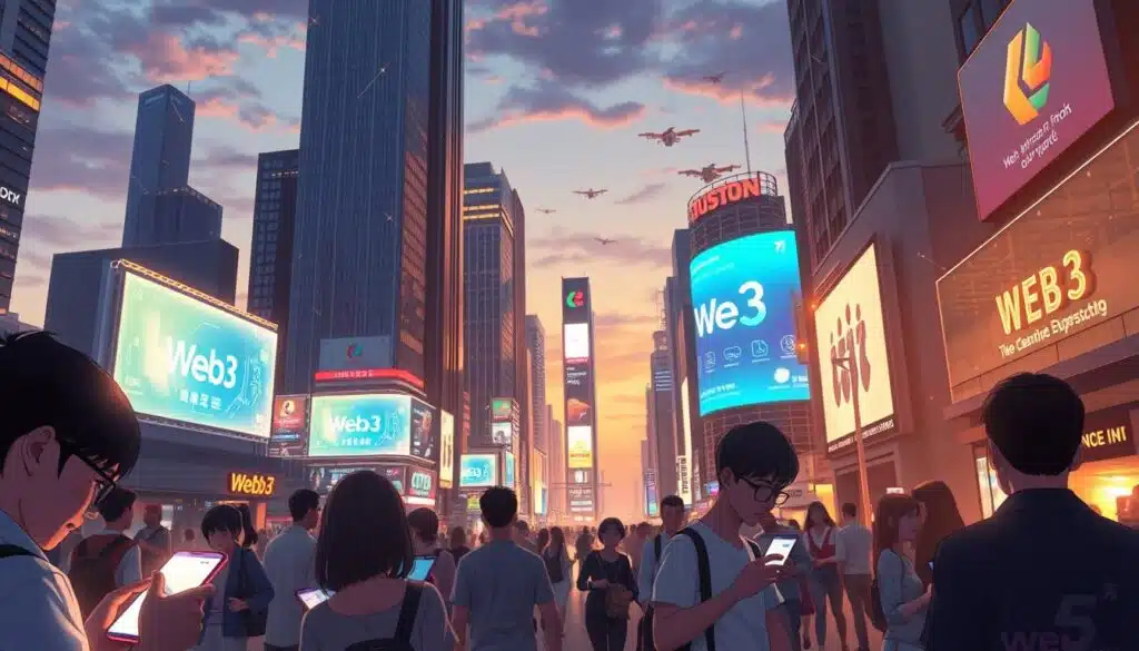An ultra-modern cityscape at dusk, with towering skyscrapers and bustling streets. In the foreground, a group of people engrossed in their mobile devices, tapping and swiping with purpose. The screens emit a soft, holographic glow, reflecting the gleaming architecture. In the middle ground, digital billboards and holograms advertise the latest Web3 apps, their interfaces crisp and intuitive. The background is a tapestry of neon-lit signage, data streams, and the faint silhouettes of flying vehicles, creating an immersive, futuristic atmosphere. Warm lighting from streetlamps and office windows casts a golden hue, evoking a sense of progress and innovation. An ultra-modern cityscape at dusk, with towering skyscrapers and bustling streets. In the foreground, a group of people engrossed in their mobile devices, tapping and swiping with purpose. The screens emit a soft, holographic glow, reflecting the gleaming architecture. In the middle ground, digital billboards and holograms advertise the latest Web3 apps, their interfaces crisp and intuitive. The background is a tapestry of neon-lit signage, data streams, and the faint silhouettes of flying vehicles, creating an immersive, futuristic atmosphere. Warm lighting from streetlamps and office windows casts a golden hue, evoking a sense of progress and innovation.