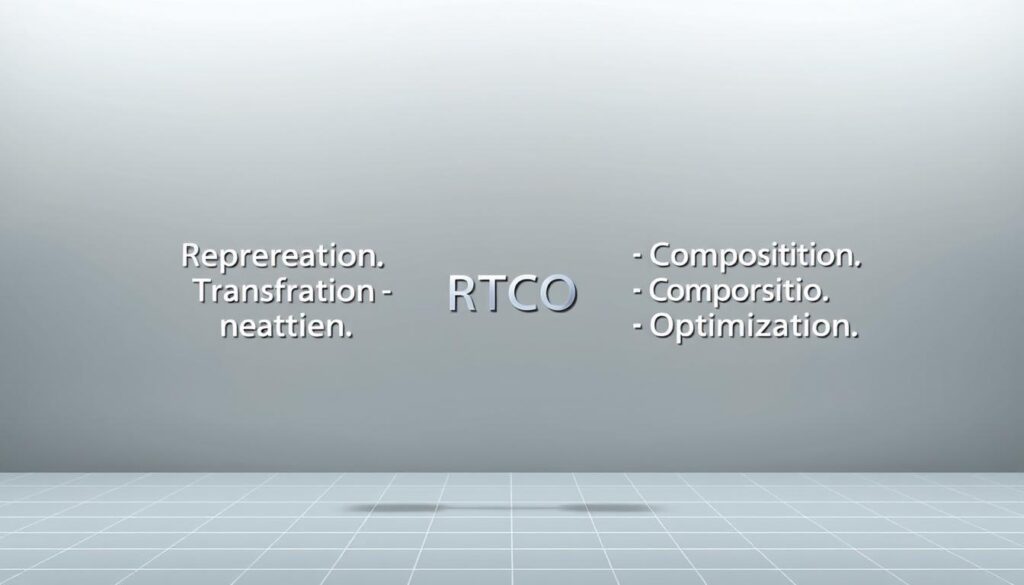RTCO prompt framework against a clean, minimalist backdrop. Foreground features a sleek, geometric diagram illustrating the four key components: Representation, Transformation, Composition, and Optimization. Diagram has a futuristic, high-tech aesthetic with shimmering metallic accents. Middle ground has a subtle gridline pattern evoking a digital interface. Background is a soft, muted color palette creating a sense of depth and sophistication. Lighting is crisp and directional, casting dramatic shadows to accentuate the 3D forms. Camera angle is slightly elevated, providing an authoritative, instructive perspective. Overall, the image conveys a powerful, cutting-edge visual language for explaining advanced prompt engineering concepts. RTCO prompt framework against a clean, minimalist backdrop. Foreground features a sleek, geometric diagram illustrating the four key components: Representation, Transformation, Composition, and Optimization. Diagram has a futuristic, high-tech aesthetic with shimmering metallic accents. Middle ground has a subtle gridline pattern evoking a digital interface. Background is a soft, muted color palette creating a sense of depth and sophistication. Lighting is crisp and directional, casting dramatic shadows to accentuate the 3D forms. Camera angle is slightly elevated, providing an authoritative, instructive perspective. Overall, the image conveys a powerful, cutting-edge visual language for explaining advanced prompt engineering concepts.