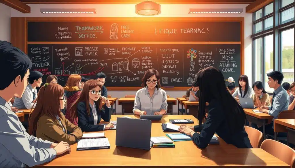 A busy traditional classroom setting filled with diverse students engaging in group activities, highlighting the benefits of cohort learning. In the foreground, a small group of students, dressed in professional business attire, discuss a project at a large wooden table, displaying notebooks and laptops. In the middle ground, the teacher, a middle-aged woman with glasses, guides another group, fostering collaboration and interaction. The background showcases a blackboard filled with colorful diagrams and motivational quotes about teamwork and learning. The lighting is warm and inviting, with sunlight streaming through large windows, creating an atmosphere of growth and camaraderie. The viewpoint is slightly elevated, capturing the dynamic and structured environment of traditional learning. A busy traditional classroom setting filled with diverse students engaging in group activities, highlighting the benefits of cohort learning. In the foreground, a small group of students, dressed in professional business attire, discuss a project at a large wooden table, displaying notebooks and laptops. In the middle ground, the teacher, a middle-aged woman with glasses, guides another group, fostering collaboration and interaction. The background showcases a blackboard filled with colorful diagrams and motivational quotes about teamwork and learning. The lighting is warm and inviting, with sunlight streaming through large windows, creating an atmosphere of growth and camaraderie. The viewpoint is slightly elevated, capturing the dynamic and structured environment of traditional learning.