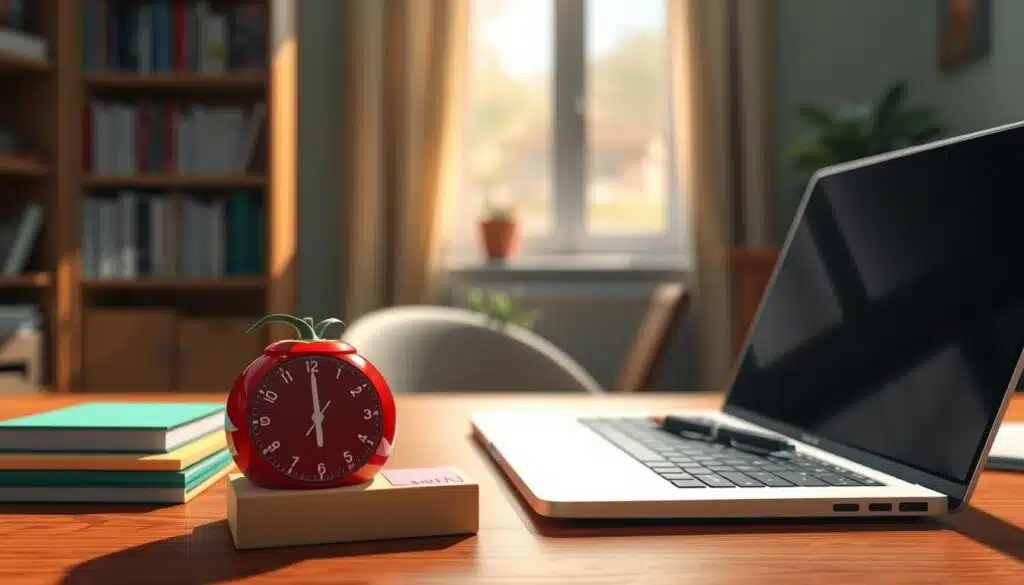 A cozy study space featuring a wooden desk with a sleek laptop and a classic tomato-shaped Pomodoro timer prominently displayed in the foreground. Beside the timer, a neatly organized set of colorful sticky notes and a pen, reflecting productivity tools. In the middle, soft natural light streams through a window, casting gentle shadows and creating a warm, inviting atmosphere. The background shows a bookshelf filled with neatly arranged books and a small indoor plant, adding a touch of nature. The overall mood is focused and tranquil, perfect for online learners looking to manage their time effectively. Capture the scene with a slight depth of field, emphasizing the foreground elements, while having a slightly blurred background to enhance the feeling of a dedicated study zone. A cozy study space featuring a wooden desk with a sleek laptop and a classic tomato-shaped Pomodoro timer prominently displayed in the foreground. Beside the timer, a neatly organized set of colorful sticky notes and a pen, reflecting productivity tools. In the middle, soft natural light streams through a window, casting gentle shadows and creating a warm, inviting atmosphere. The background shows a bookshelf filled with neatly arranged books and a small indoor plant, adding a touch of nature. The overall mood is focused and tranquil, perfect for online learners looking to manage their time effectively. Capture the scene with a slight depth of field, emphasizing the foreground elements, while having a slightly blurred background to enhance the feeling of a dedicated study zone.