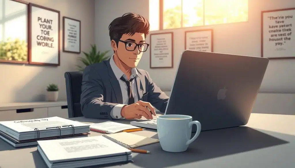 A focused individual sitting at a modern desk, intently studying coding on a laptop. The foreground features a neatly organized workspace with coding books, a notepad with handwritten notes, and a steaming cup of coffee. In the middle, the person is wearing professional business attire, looking engaged and motivated, surrounded by a bright, well-lit room. The background includes motivational quotes framed on the walls, a potted plant adding a touch of greenery, and a window showing a sunny day outside, creating an inviting atmosphere. The lighting is warm and soft, providing a sense of optimism and productivity, with a slight depth of field to emphasize the subject and workspace. The overall mood is encouraging and inspiring, embodying the essence of accountability and progress in self-paced coding education. A focused individual sitting at a modern desk, intently studying coding on a laptop. The foreground features a neatly organized workspace with coding books, a notepad with handwritten notes, and a steaming cup of coffee. In the middle, the person is wearing professional business attire, looking engaged and motivated, surrounded by a bright, well-lit room. The background includes motivational quotes framed on the walls, a potted plant adding a touch of greenery, and a window showing a sunny day outside, creating an inviting atmosphere. The lighting is warm and soft, providing a sense of optimism and productivity, with a slight depth of field to emphasize the subject and workspace. The overall mood is encouraging and inspiring, embodying the essence of accountability and progress in self-paced coding education.