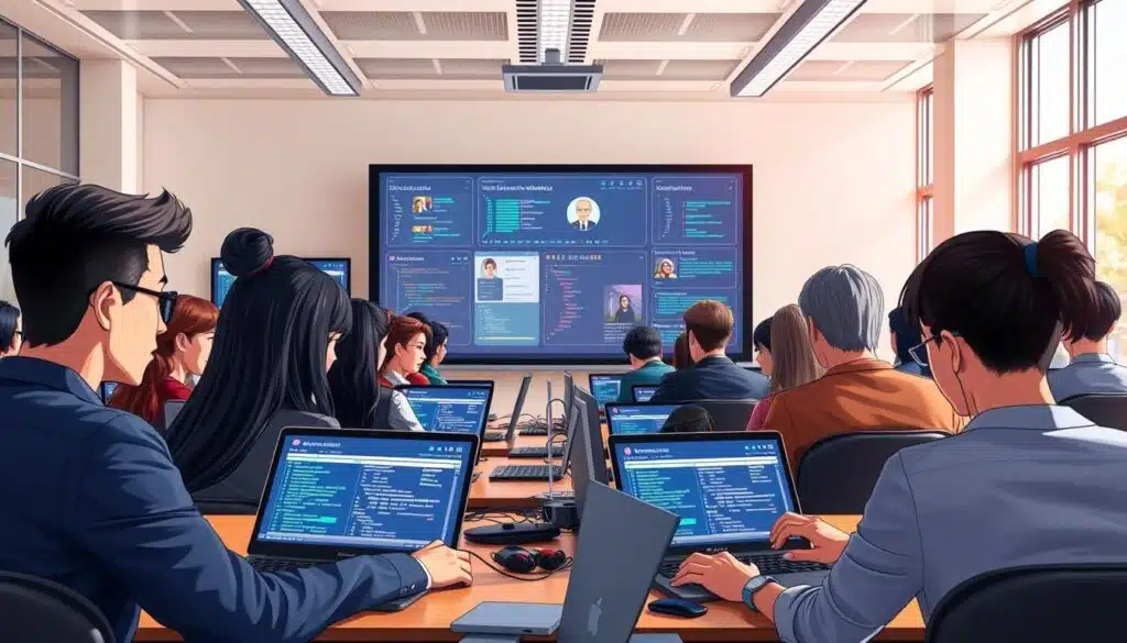 A modern guided virtual classroom filled with diverse students engaged in self-paced coding courses. In the foreground, a mix of young adults in professional business attire, focused on their laptops, displaying various coding scripts on screens. In the middle ground, a large digital whiteboard showcasing interactive coding tools and resources, along with virtual instructor visuals. The background features a bright, tech-inspired environment with large windows, letting in natural light that creates a warm and inviting atmosphere. Use a wide-angle lens perspective to capture depth, emphasizing collaboration among students. The overall mood is productive and innovative, reflecting the balance between guidance and self-paced learning in a digital classroom setting. A modern guided virtual classroom filled with diverse students engaged in self-paced coding courses. In the foreground, a mix of young adults in professional business attire, focused on their laptops, displaying various coding scripts on screens. In the middle ground, a large digital whiteboard showcasing interactive coding tools and resources, along with virtual instructor visuals. The background features a bright, tech-inspired environment with large windows, letting in natural light that creates a warm and inviting atmosphere. Use a wide-angle lens perspective to capture depth, emphasizing collaboration among students. The overall mood is productive and innovative, reflecting the balance between guidance and self-paced learning in a digital classroom setting.