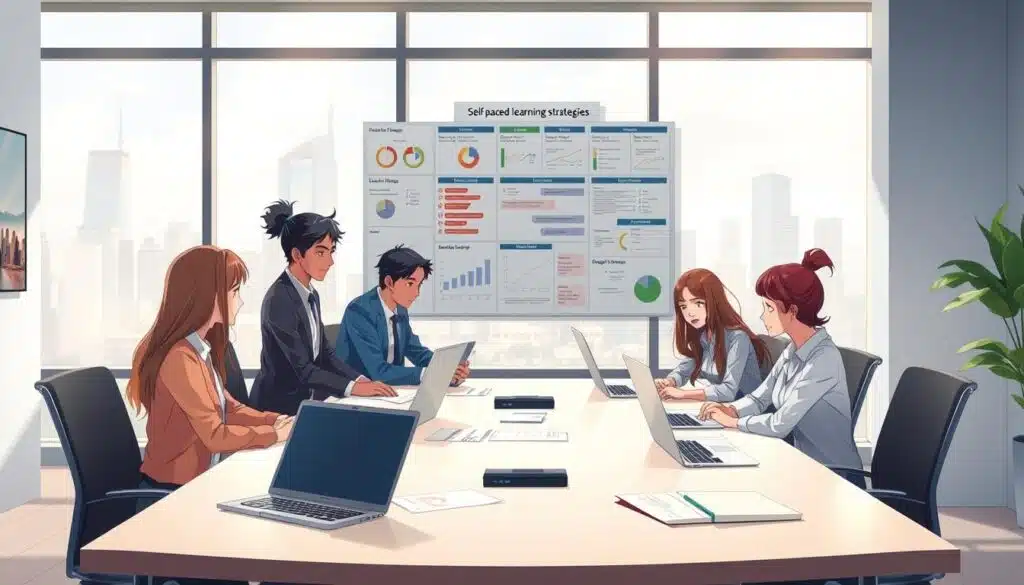 A serene workspace environment illustrating effective workload management. In the foreground, a diverse group of three professionals, dressed in business attire, collaborates around a sleek, modern conference table, with laptops and documents spread out. In the middle, an organized wall display showcases visual aids for self-paced learning strategies, like charts and timelines. The background features large windows with soft, natural light filtering in, highlighting a cityscape outside, representing inspiration and growth. The atmosphere is calm and productive, emphasizing balance between work and learning. The scene is captured from a slightly elevated angle, enhancing the depth and perspective, inviting viewers to engage with the focus on teamwork and effective organization. A serene workspace environment illustrating effective workload management. In the foreground, a diverse group of three professionals, dressed in business attire, collaborates around a sleek, modern conference table, with laptops and documents spread out. In the middle, an organized wall display showcases visual aids for self-paced learning strategies, like charts and timelines. The background features large windows with soft, natural light filtering in, highlighting a cityscape outside, representing inspiration and growth. The atmosphere is calm and productive, emphasizing balance between work and learning. The scene is captured from a slightly elevated angle, enhancing the depth and perspective, inviting viewers to engage with the focus on teamwork and effective organization.