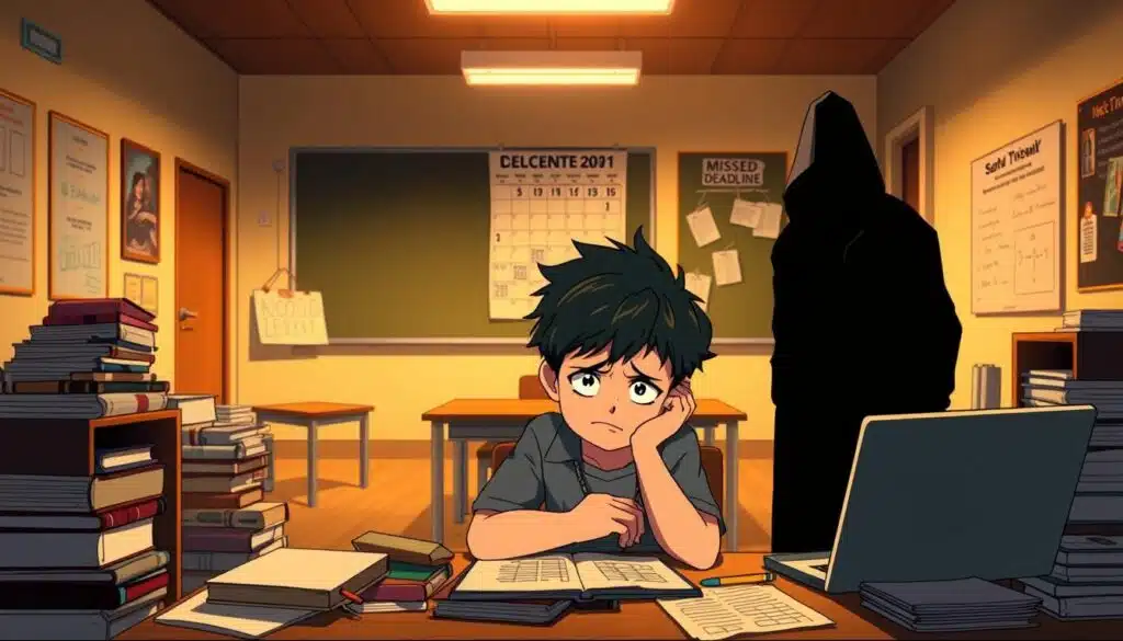 A split scene illustrating the disadvantages of self-paced learning. In the foreground, a frustrated student sits at a cluttered desk surrounded by textbooks and a laptop, displaying a perplexed expression. In the middle ground, an empty classroom with an unoccupied desk symbolizes isolation and lack of interaction, while a calendar shows missed deadlines. In the background, a shadowy figure peers over the student's shoulder, representing distractions and procrastination. The lighting is warm yet dim, suggesting a cozy but overwhelming atmosphere. Use a shallow depth of field to keep the student in focus while softening the background elements. The overall mood conveys a sense of struggle and the challenges faced by those engaging in self-paced courses without guidance or community. A split scene illustrating the disadvantages of self-paced learning. In the foreground, a frustrated student sits at a cluttered desk surrounded by textbooks and a laptop, displaying a perplexed expression. In the middle ground, an empty classroom with an unoccupied desk symbolizes isolation and lack of interaction, while a calendar shows missed deadlines. In the background, a shadowy figure peers over the student's shoulder, representing distractions and procrastination. The lighting is warm yet dim, suggesting a cozy but overwhelming atmosphere. Use a shallow depth of field to keep the student in focus while softening the background elements. The overall mood conveys a sense of struggle and the challenges faced by those engaging in self-paced courses without guidance or community.