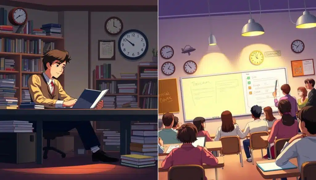 A split-screen image illustrating the contrast between self-paced and traditional learning methods. On the left side, depict an individual studying at a desk surrounded by books and digital devices, dressed in professional business attire, with a focused expression. Soft, warm lighting highlights the person's intense engagement and a cozy atmosphere. On the right side, a dynamic classroom scene shows a diverse group of students listening to a teacher in front of a whiteboard, actively participating in discussions. Bright, daylight lighting creates an energetic atmosphere. In the background, elements such as clocks and calendars symbolize the passage of time for both approaches. The overall mood should reflect a thoughtful analysis of learning styles, inviting viewers to consider their own choices. A split-screen image illustrating the contrast between self-paced and traditional learning methods. On the left side, depict an individual studying at a desk surrounded by books and digital devices, dressed in professional business attire, with a focused expression. Soft, warm lighting highlights the person's intense engagement and a cozy atmosphere. On the right side, a dynamic classroom scene shows a diverse group of students listening to a teacher in front of a whiteboard, actively participating in discussions. Bright, daylight lighting creates an energetic atmosphere. In the background, elements such as clocks and calendars symbolize the passage of time for both approaches. The overall mood should reflect a thoughtful analysis of learning styles, inviting viewers to consider their own choices.