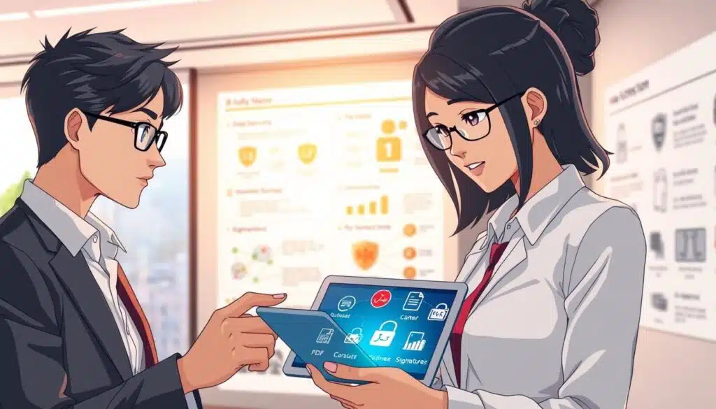 A visual representation of PDF security best practices, featuring a sleek, modern office environment. In the foreground, a diverse group of two professionals, one male and one female, are discussing a digital tablet displaying various PDF security icons such as locks, shields, and signatures. They are dressed in smart business attire, conveying a sense of professionalism. In the middle ground, a background wall displays infographics that highlight key security concepts, such as data encryption and user authentication. Soft, natural lighting filters through a large window, casting a warm, inviting glow over the scene, enhancing the atmosphere of collaboration and innovation. The lens should capture the characters in a mid-shot, focusing on their engaged expressions while ensuring clarity of the digital tablet. A visual representation of PDF security best practices, featuring a sleek, modern office environment. In the foreground, a diverse group of two professionals, one male and one female, are discussing a digital tablet displaying various PDF security icons such as locks, shields, and signatures. They are dressed in smart business attire, conveying a sense of professionalism. In the middle ground, a background wall displays infographics that highlight key security concepts, such as data encryption and user authentication. Soft, natural lighting filters through a large window, casting a warm, inviting glow over the scene, enhancing the atmosphere of collaboration and innovation. The lens should capture the characters in a mid-shot, focusing on their engaged expressions while ensuring clarity of the digital tablet.