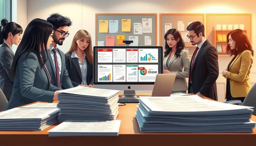 A visually engaging scene featuring a modern workspace, focusing on a desk with neatly organized professional PDFs stacked in a well-lit environment. In the foreground, a diverse group of professionals, dressed in smart business attire, are collaborating over a laptop, examining the PDFs displayed on the screen. The middle layer showcases a sleek monitor with vibrant visuals of PDF documents, including graphs and charts, emphasizing clarity and professionalism. In the background, a wall-mounted bulletin board displays color-coded organizational tools, enhancing the sense of productivity. Soft, warm lighting creates an inviting atmosphere, emphasizing the benefits of downloadable PDFs for communication and business efficiency. The image should evoke a sense of collaboration, innovation, and professionalism, capturing the essence of transforming content into accessible formats. A visually engaging scene featuring a modern workspace, focusing on a desk with neatly organized professional PDFs stacked in a well-lit environment. In the foreground, a diverse group of professionals, dressed in smart business attire, are collaborating over a laptop, examining the PDFs displayed on the screen. The middle layer showcases a sleek monitor with vibrant visuals of PDF documents, including graphs and charts, emphasizing clarity and professionalism. In the background, a wall-mounted bulletin board displays color-coded organizational tools, enhancing the sense of productivity. Soft, warm lighting creates an inviting atmosphere, emphasizing the benefits of downloadable PDFs for communication and business efficiency. The image should evoke a sense of collaboration, innovation, and professionalism, capturing the essence of transforming content into accessible formats.