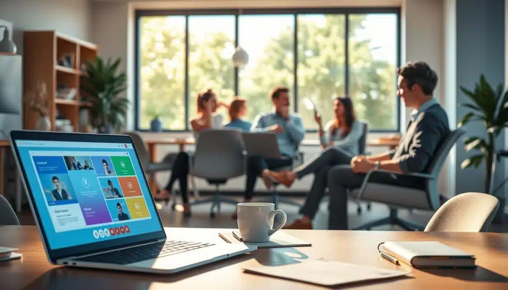 A visually engaging workspace designed for self-paced learning strategies. In the foreground, a modern desk with a sleek laptop open to a colorful digital learning platform, surrounded by notepads and a steaming coffee mug, reflecting a cozy yet productive atmosphere. In the middle ground, a diverse group of three professionals – two women and one man – sitting comfortably in ergonomic chairs, deeply focused and interacting with each other through gestures, illustrating collaboration and engagement. In the background, a large window reveals a bright, sunlit office environment with greenery outside, enhancing a sense of inspiration. Soft natural lighting casts gentle shadows, creating a warm, inviting mood. The angle captures an over-the-shoulder view of the laptop screen, emphasizing the digital learning experience. A visually engaging workspace designed for self-paced learning strategies. In the foreground, a modern desk with a sleek laptop open to a colorful digital learning platform, surrounded by notepads and a steaming coffee mug, reflecting a cozy yet productive atmosphere. In the middle ground, a diverse group of three professionals – two women and one man – sitting comfortably in ergonomic chairs, deeply focused and interacting with each other through gestures, illustrating collaboration and engagement. In the background, a large window reveals a bright, sunlit office environment with greenery outside, enhancing a sense of inspiration. Soft natural lighting casts gentle shadows, creating a warm, inviting mood. The angle captures an over-the-shoulder view of the laptop screen, emphasizing the digital learning experience.