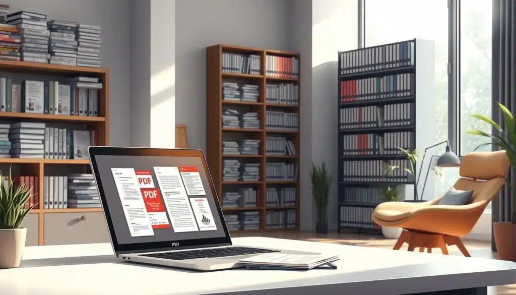 A well-organized PDF library set in a modern home office, foreground featuring a sleek, minimalist desk with a laptop open and colorful PDF files arranged neatly in digital folders on the screen. The middle ground shows a tall bookshelf filled with neatly stacked eBook readers and organized binders, labeled clearly. In the background, a large window lets in soft, natural light, illuminating the space to create a warm and inviting atmosphere. A comfortable reading chair sits nearby, with a small plant adding a touch of greenery. The overall mood is intellectually stimulating and organized, capturing the essence of effective digital learning and optimal study habits, shot from a slightly elevated angle to encompass the entire scene. A well-organized PDF library set in a modern home office, foreground featuring a sleek, minimalist desk with a laptop open and colorful PDF files arranged neatly in digital folders on the screen. The middle ground shows a tall bookshelf filled with neatly stacked eBook readers and organized binders, labeled clearly. In the background, a large window lets in soft, natural light, illuminating the space to create a warm and inviting atmosphere. A comfortable reading chair sits nearby, with a small plant adding a touch of greenery. The overall mood is intellectually stimulating and organized, capturing the essence of effective digital learning and optimal study habits, shot from a slightly elevated angle to encompass the entire scene.