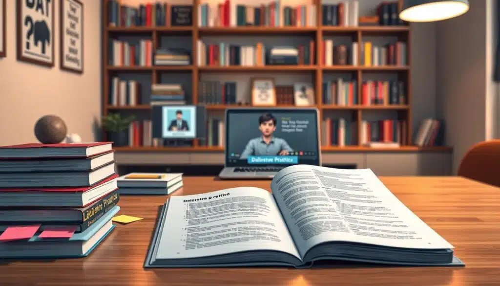 An inviting study scene featuring an open PDF eBook on a sleek wooden desk, showcasing a well-organized layout of deliberate practice strategies. In the foreground, focus on neatly stacked textbooks and colorful sticky notes that indicate planning and reflection. In the middle ground, highlight a laptop displaying a video call with a professional trainer, suggesting an interactive learning environment. The background reveals a wall lined with shelves filled with books and motivational quotes, enhancing the atmosphere of focused study. Soft, warm lighting illuminates the space, creating a cozy yet productive ambiance. Use a shallow depth of field to emphasize the details on the desk while softly blurring the background. The mood is one of inspiration and diligence, ideal for deep learning and skill development. An inviting study scene featuring an open PDF eBook on a sleek wooden desk, showcasing a well-organized layout of deliberate practice strategies. In the foreground, focus on neatly stacked textbooks and colorful sticky notes that indicate planning and reflection. In the middle ground, highlight a laptop displaying a video call with a professional trainer, suggesting an interactive learning environment. The background reveals a wall lined with shelves filled with books and motivational quotes, enhancing the atmosphere of focused study. Soft, warm lighting illuminates the space, creating a cozy yet productive ambiance. Use a shallow depth of field to emphasize the details on the desk while softly blurring the background. The mood is one of inspiration and diligence, ideal for deep learning and skill development.