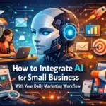 A woman works on a laptop beside a robot, surrounded by marketing and business icons and AI elements.