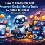 A friendly robot with digital devices and social media icons, promoting AI-powered tools for small business in 2026.